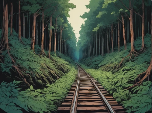wooden track,forest road,railroad,railway track,train route,tracks,studio ghibli,travel poster,railroad line,wooden train,railway,trail,railroad track,train track,the forests,forests,trails,old tracks,railway line,forest,Illustration,Black and White,Black and White 12