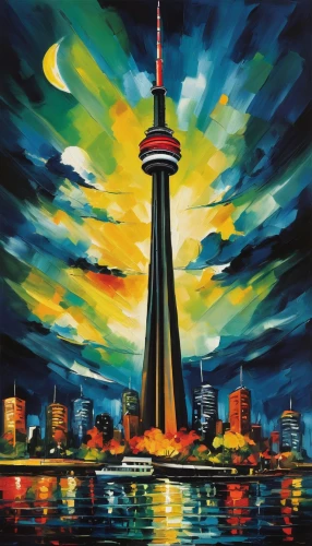 cntower,cn tower,skyline,sky city,oil painting on canvas,toronto,art painting,indigenous painting,glass painting,city skyline,sky tower,oil painting,oil on canvas,centrepoint tower,west canada,electric tower,tv tower,television tower,city scape,skycraper,Art,Artistic Painting,Artistic Painting 37