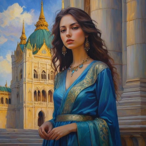 girl in a historic way,romantic portrait,islamic girl,fantasy portrait,mystical portrait of a girl,fantasy art,persian poet,world digital painting,orientalism,persian,eurasian,fantasy picture,oil painting on canvas,oil painting,young woman,uzbekistan,italian painter,miss circassian,jasmine blue,art painting,Illustration,Realistic Fantasy,Realistic Fantasy 30