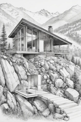 house in mountains,mountain hut,the cabin in the mountains,house drawing,house in the mountains,alpine hut,mountain huts,log home,log cabin,chalet,small cabin,holiday home,timber house,inverted cottage,tuff stone dwellings,hand-drawn illustration,boat house,cottage,house with lake,stone house,Illustration,Black and White,Black and White 30