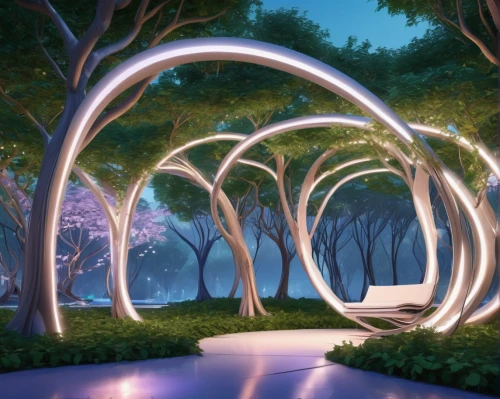 semi circle arch,enchanted forest,luminous garland,fairy forest,circle around tree,ambient lights,round arch,light art,fractal lights,elven forest,flora abstract scrolls,lights serenade,tree grove,rose arch,electric arc,landscape lighting,arches,forest glade,light graffiti,garden design sydney,Conceptual Art,Sci-Fi,Sci-Fi 24