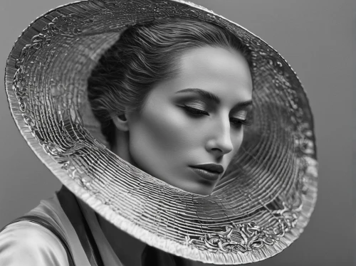 the hat of the woman,woman's hat,reflector,veil,parabolic mirror,sombrero,conical hat,the hat-female,makeup mirror,saucer,ambrotype,tonkinese,pointed hat,cloche hat,bloned portrait,headpiece,portrait photography,crystal ball-photography,queen cage,art deco woman,Photography,Fashion Photography,Fashion Photography 16