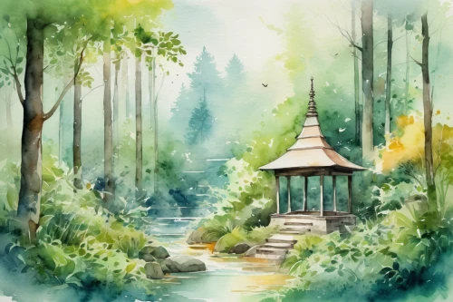 watercolor background,watercolor tea shop,forest background,watercolor,landscape background,watercolor cafe,watercolor painting,forest landscape,bamboo forest,watercolor tea,japanese shrine,watercolor shops,japan garden,watercolor paint,tsukemono,wishing well,garden pond,japanese garden,watercolors,water color,Illustration,Paper based,Paper Based 25