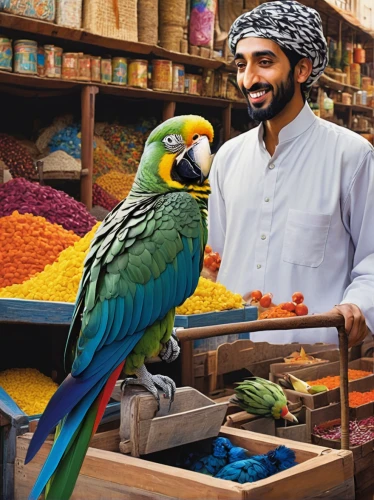 oman,souq,merchant,edible parrots,kabsa,shopkeeper,souk,united arab emirates,spice souk,omani,parrot couple,uae,freekeh,exotic bird,nizwa souq,dubai,abu-dhabi,madinat,qatar,souk madinat jumeirah,Illustration,Japanese style,Japanese Style 18