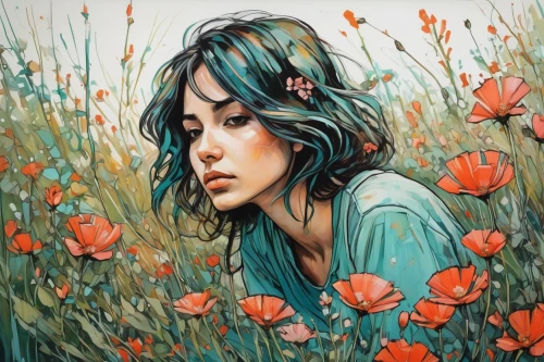 girl in flowers,girl in the garden,girl picking flowers,kahila garland-lily,flower painting,girl lying on the grass,falling flowers,beautiful girl with flowers,flower art,wilted,scattered flowers,oil painting on canvas,dry bloom,flora,han thom,fallen petals,flower nectar,flower wall en,jasmine blossom,boho art,Illustration,Realistic Fantasy,Realistic Fantasy 23