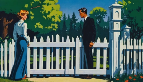 picket fence,fence gate,garden fence,fence,travel poster,farm gate,white picket fence,pasture fence,wooden fence,prison fence,vintage illustration,1950s,fences,estate agent,seller,1952,1940s,1940,1950's,two people,Conceptual Art,Sci-Fi,Sci-Fi 14