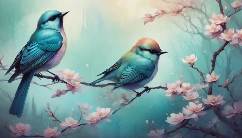 blue birds and blossom,flower and bird illustration,songbirds,birds on a branch,birds on branch,bird painting,bird couple,parakeets,colorful birds,spring background,blue parakeet,tropical birds,humming birds,birds,springtime background,hummingbirds,bird flower,spring bird,little birds,budgies,Illustration,Realistic Fantasy,Realistic Fantasy 15