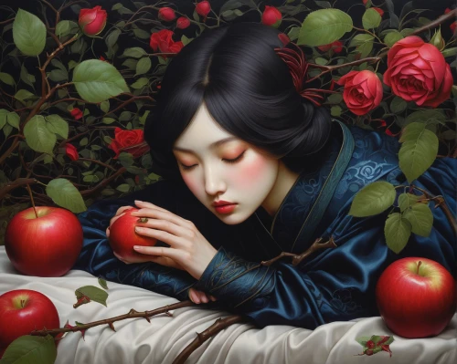 rose sleeping apple,girl picking apples,woman eating apple,sleeping apple,red apples,red apple,the sleeping rose,apple-rose,apple blossom,rose apple,roses-fruit,apple harvest,apple blossoms,apple,mari makinami,japanese art,apple world,apple tree,red plum,pomegranate,Illustration,Realistic Fantasy,Realistic Fantasy 08