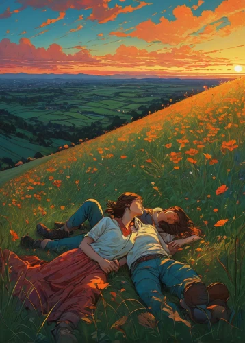 idyll,shepherd romance,romantic scene,girl lying on the grass,suitcase in field,summer meadow,summer evening,yellow grass,in the tall grass,meadow,blooming field,romance novel,clover meadow,meadows,bed in the cornfield,meadow play,dandelion meadow,meadow landscape,romantic,land love,Illustration,Realistic Fantasy,Realistic Fantasy 12