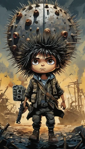 mad max,post apocalyptic,children of war,game illustration,urchin,wind warrior,scrap collector,lost in war,barbarian,warlord,lone warrior,new world porcupine,steampunk gears,wasteland,pubg mascot,game art,steampunk,fallout,detonator,action-adventure game,Conceptual Art,Oil color,Oil Color 24