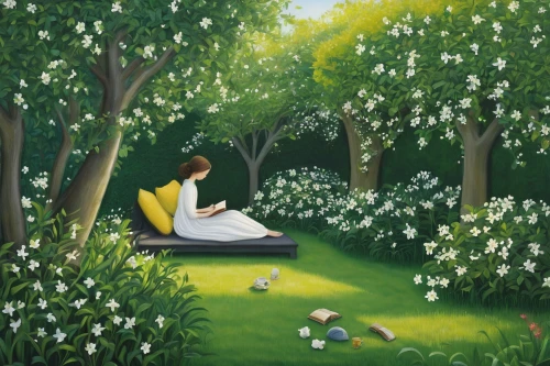 girl in the garden,lilly of the valley,girl lying on the grass,idyll,girl picking flowers,lily of the field,girl with tree,green meadow,girl in flowers,blossoming apple tree,garden of eden,farmer's jasmine,secret garden of venus,oil painting on canvas,lily of the valley,small meadow,springtime background,green garden,fairy forest,girl picking apples,Illustration,Abstract Fantasy,Abstract Fantasy 03