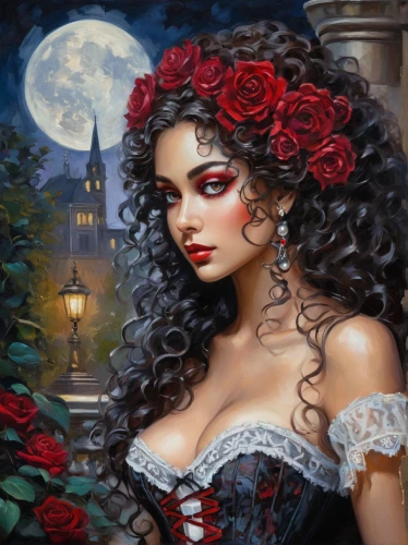 gothic woman,gothic portrait,romantic portrait,fantasy art,red roses,queen of hearts,romantic rose,red rose,blue moon rose,vampire woman,vampire lady,with roses,fantasy picture,scent of roses,fantasy portrait,victorian lady,fantasy woman,gothic style,guelder rose,fairy tale character,Conceptual Art,Oil color,Oil Color 10