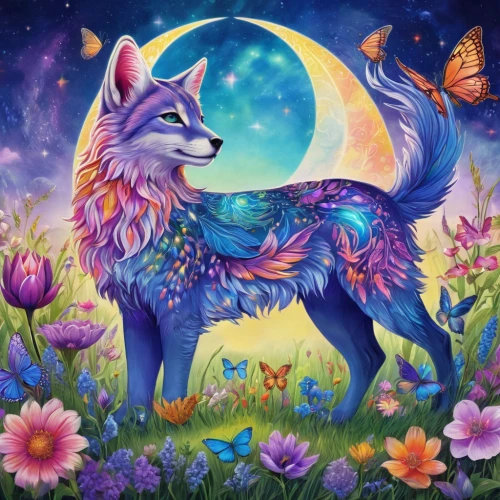constellation wolf,howling wolf,flower animal,purple moon,wolf couple,moon and star background,luna,wolves,fantasy picture,unicorn background,garden-fox tail,fantasy art,fox,fauna,sun and moon,blue moon rose,two wolves,a fox,kitsune,full moon day,Illustration,Realistic Fantasy,Realistic Fantasy 20