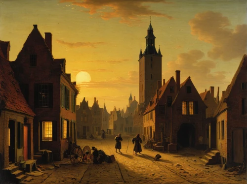 delft,andreas achenbach,dutch landscape,night scene,the cobbled streets,bremen,medieval street,hamelin,flemish,bremen town musicians,street scene,evening atmosphere,city of münster,kampen,john atkinson grimshaw,groseillier,hanseatic city,constable,19th century,carl svante hallbeck,Art,Classical Oil Painting,Classical Oil Painting 41