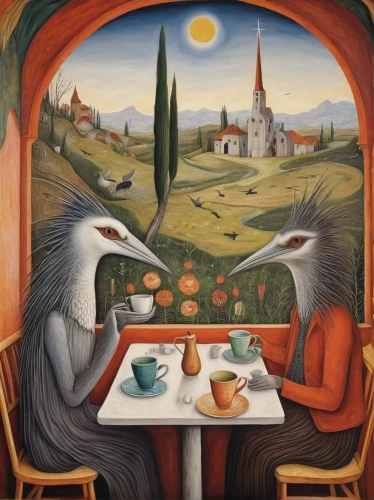 fox and hare,café,breakfast table,rabbits and hares,cat's cafe,hares,woman drinking coffee,surrealism,teatime,foxes,the coffee shop,tea party,hare window,grant wood,tearoom,dinner for two,romantic dinner,dining,tea time,breakfast hotel,Illustration,Abstract Fantasy,Abstract Fantasy 16