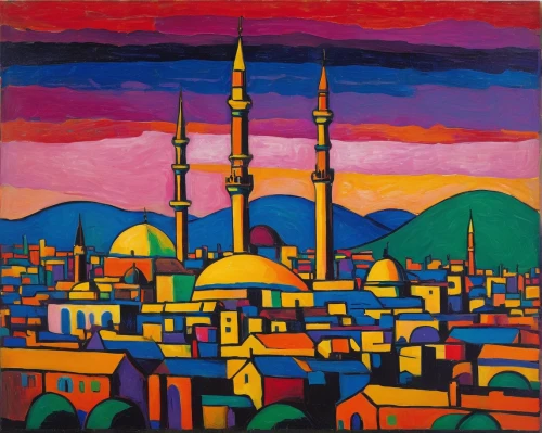 mosques,colorful city,minarets,grand mosque,city mosque,istanbul,big mosque,khokhloma painting,muhammad-ali-mosque,islamic lamps,ankara,mosque,alabaster mosque,istanbul city,ottoman,kadikoy,cityscape,pink city,orientalism,blue mosque,Art,Artistic Painting,Artistic Painting 36