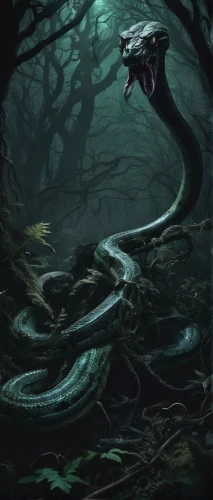 serpent,woodland salamander,basilisk,wyrm,forest dragon,black dragon,water snake,marine reptile,anaconda,river monitor,lungless salamander,rock python,serpentine,salamander,kraken,black snake,green dragon,venomous,venomous snake,emerald lizard,Illustration,Realistic Fantasy,Realistic Fantasy 47