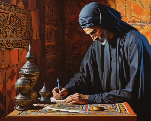 middle eastern monk,meticulous painting,hieromonk,persian poet,orientalism,arabic background,the abbot of olib,calligraphy,bedouin,rem in arabian nights,ibn tulun,italian painter,khokhloma painting,painting technique,abdel rahman,archimandrite,oil painting on canvas,sacred art,carmelite order,oil painting,Art,Artistic Painting,Artistic Painting 34