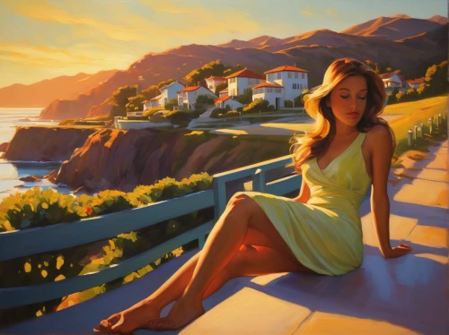 italian painter,art painting,laguna beach,portofino,summer evening,seaside view,landscape background,world digital painting,catalina island,by the sea,painting,meticulous painting,photo painting,oil painting,girl in a long dress,ocean view,girl on the river,romantic portrait,girl sitting,cliff top,Conceptual Art,Daily,Daily 12