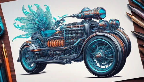 motorcycle,motorcycles,sci fiction illustration,harley davidson,harley-davidson,rolls-royce 20/25,wind engine,heavy motorcycle,car drawing,toy motorcycle,old motorcycle,rolls-royce,colourful pencils,motorbike,trike,panhead,steampunk gears,illustrator,auburn speedster,vintage vehicle,Illustration,Retro,Retro 24