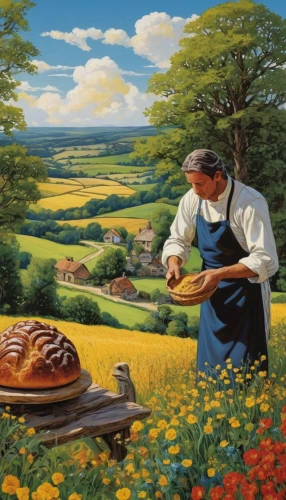 woman holding pie,girl with bread-and-butter,suet pudding,kolach,painting easter egg,girl picking apples,breadbasket,escargot,farmers bread,sfogliatelle,challah,cream tea,yorkshire pudding,vegetables landscape,breton,painting eggs,woman eating apple,colomba di pasqua,sound of music,viennese cuisine,Illustration,Realistic Fantasy,Realistic Fantasy 33