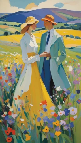 flowers field,picking flowers,young couple,flowers of the field,carol colman,field of flowers,flower field,summer meadow,blooming field,flower meadow,flower painting,flower garden,sun hats,holding flowers,meadows,field flowers,post impressionist,charlotte cushman,wildflower meadow,flowering meadow,Art,Artistic Painting,Artistic Painting 41