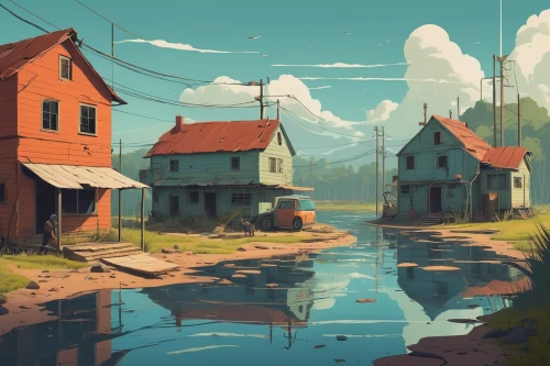 wooden houses,floating huts,backwater,lonely house,croft,summer cottage,small towns,row of houses,house by the water,little house,small landscape,crane houses,seaside country,cottage,home landscape,road forgotten,riverside,cottages,fishing village,outskirts,Illustration,Vector,Vector 05