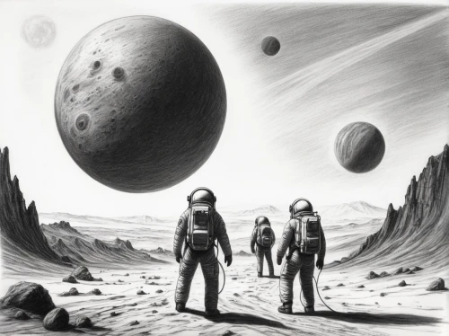 mission to mars,sci fiction illustration,planet mars,red planet,planetary system,lunar landscape,alien planet,exoplanet,binary system,galilean moons,space art,planets,lost in space,cosmonautics day,science fiction,sci fi,planet eart,celestial bodies,mars probe,barren,Illustration,Black and White,Black and White 35