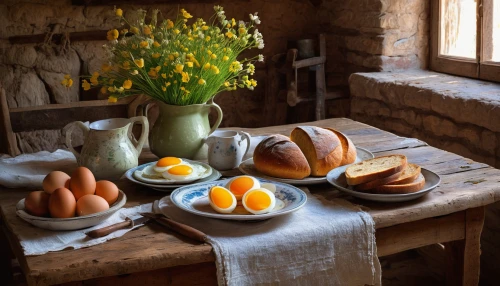 breakfast table,bread eggs,danish breakfast plate,garden breakfast,breadbasket,food styling,eggs in a basket,breakfast room,provencal life,country cottage,vintage dishes,fresh eggs,free-range eggs,breakfast hotel,still life photography,easter brunch,vintage kitchen,food table,rustic,mystic light food photography,Illustration,Abstract Fantasy,Abstract Fantasy 07