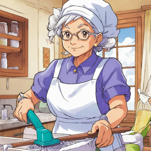 girl in the kitchen,kitchen work,domestic,cookery,housewife,granny,homemaker,cleaning woman,chef,grandma,cooking salt,cooking,housekeeper,cooking book cover,cooking show,cooking chocolate,making food,cook,food and cooking,washing dishes,Illustration,Japanese style,Japanese Style 13
