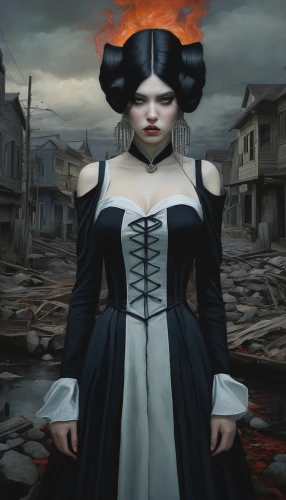 gothic portrait,vampire woman,gothic woman,vampire lady,goth woman,victorian lady,widow's tears,gothic fashion,widow,dead bride,queen of hearts,the conflagration,fire-eater,evil woman,dark art,fire eater,fire siren,seven sorrows,pierrot,the sea maid,Illustration,Realistic Fantasy,Realistic Fantasy 07