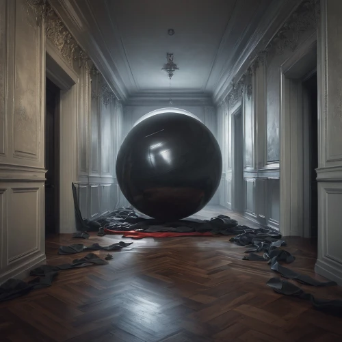 luxury decay,big marbles,abandoned room,exercise ball,orb,swiss ball,wormhole,the ball,b3d,pendulum,hallway,hall of the fallen,vertigo,falling objects,3d render,glass sphere,panoramical,empty hall,360 °,empty interior,Conceptual Art,Fantasy,Fantasy 11