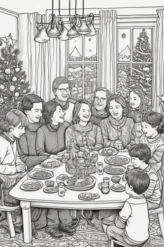 christmas circle,children's christmas,nordic christmas,modern christmas card,christmas family,christmas dinner,family christmas,purslane family,coloring pages kids,christmas scene,coloring picture,herring family,coloring page,birch family,the occasion of christmas,coloring pages,scandivian christmas,family gathering,carol singers,christmas carols,Illustration,Black and White,Black and White 14