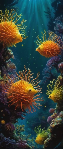 underwater landscape,coral reef,coral reef fish,underwater background,amphiprion,coral fish,anemone fish,yellow anemone,sea life underwater,coral reefs,sea animals,sea anemones,school of fish,aquarium inhabitants,underwater fish,anemones,porcupine fishes,marine fish,red anemones,marine diversity,Illustration,Realistic Fantasy,Realistic Fantasy 04