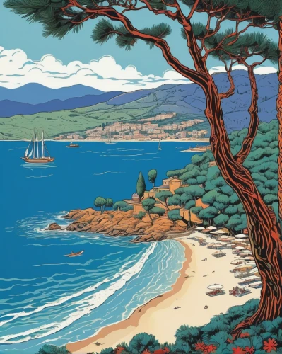 beach landscape,coastal landscape,tasmania,peninsula,pacific coastline,mountain beach,landscape with sea,beach scenery,mediterranean,the coast,sea landscape,costa brava,carmel by the sea,bay of islands,mediterranean sea,travel poster,an island far away landscape,valdes peninsula,seaside view,pebble beach,Illustration,Black and White,Black and White 21