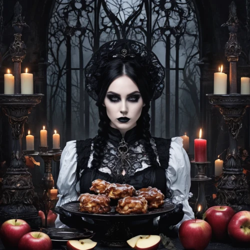 gothic portrait,dark mood food,gothic fashion,gothic woman,dark gothic mood,woman eating apple,gothic style,gothic,goth woman,witches pentagram,thirteen desserts,witch house,cart of apples,celebration of witches,basket of apples,the witch,black candle,goth festival,crow queen,candlemaker,Illustration,Realistic Fantasy,Realistic Fantasy 46