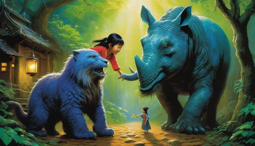 blue elephant,studio ghibli,fantasy picture,zookeeper,shanghai disney,elephant's child,girl elephant,children's fairy tale,elephant ride,uintatherium,fantasy art,animal world,magical adventure,game illustration,forest animals,fairy tale character,feeding animals,fairy tale,sci fiction illustration,animal zoo,Illustration,Realistic Fantasy,Realistic Fantasy 32