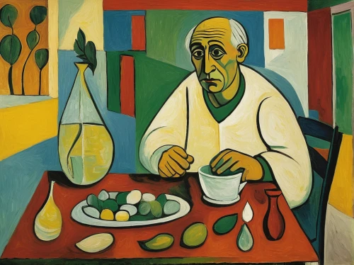 picasso,braque francais,still life with onions,roy lichtenstein,pensioner,elderly man,sicilian cuisine,still-life,breakfast table,woman at cafe,italian painter,greengrocer,girl in the kitchen,kitchen table,self-portrait,woman eating apple,woman sitting,mediterranean diet,braque saint-germain,summer still-life,Art,Artistic Painting,Artistic Painting 05