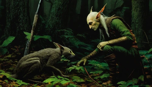 warrior and orc,elves,druids,elven forest,heroic fantasy,dark elf,encounter,hunting scene,confrontation,fantasy picture,shamanic,splitting maul,green dragon,forest dragon,bow and arrows,druid,fantasy art,forest animal,swath,woodland animals,Illustration,Realistic Fantasy,Realistic Fantasy 29