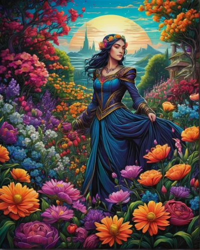 girl in flowers,fantasy picture,beautiful girl with flowers,splendor of flowers,flora,fantasia,fantasy woman,flower background,radha,rosa 'the fairy,way of the roses,fantasy art,colorful roses,girl in the garden,fantasy portrait,mulan,flower painting,cinderella,colorful background,field of flowers,Illustration,Realistic Fantasy,Realistic Fantasy 25