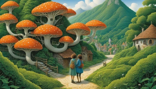 mushroom landscape,mushroom island,tree mushroom,umbrella mushrooms,mushrooms,forest mushrooms,forest mushroom,brown mushrooms,lingzhi mushroom,club mushroom,fairy village,mushrooms brown mushrooms,mushrooming,edible mushrooms,toadstools,mushroom,fairy house,champignon mushroom,fairy forest,mushroom type,Illustration,Children,Children 03