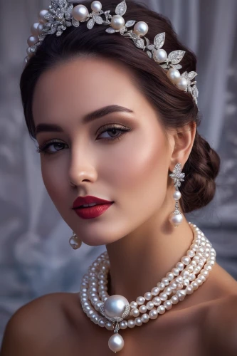 bridal jewelry,bridal accessory,pearl necklace,diadem,pearl necklaces,love pearls,bridal clothing,vintage makeup,bridal,pearls,romantic look,romantic portrait,jeweled,jewellery,diamond jewelry,jewelry,princess crown,bridal dress,silver wedding,gift of jewelry,Conceptual Art,Fantasy,Fantasy 14