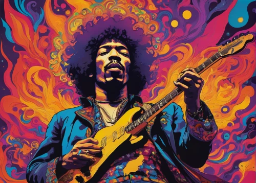 jimi hendrix,jimmy hendrix,guitar solo,painted guitar,70's icon,psychedelic art,groovy,jazz guitarist,guitar player,1971,thundercat,slide guitar,1973,flame of fire,70s,electric guitar,psychedelic,guitor,george,wolf bob,Illustration,Paper based,Paper Based 16