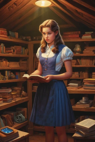 girl studying,librarian,fairy tale character,the little girl's room,digital compositing,sci fiction illustration,alice,princess anna,cinderella,scholar,overskirt,bookstore,book store,publish a book online,bookkeeper,school skirt,children's fairy tale,hoopskirt,girl in a historic way,school clothes,Illustration,Retro,Retro 16