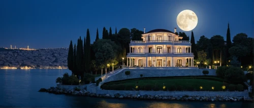 villa balbianello,villa d'este,marble palace,water palace,lake como,belvedere,house of the sea,luxury property,moon at night,house by the water,moonlit night,luxury hotel,mansion,magic castle,lake maggiore,casa fuster hotel,water castle,canim lake,fairytale castle,house with lake,Photography,Black and white photography,Black and White Photography 15