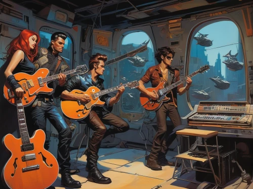 musicians,rock band,sci fiction illustration,music band,transistor checking,musical ensemble,orchestra,game illustration,music instruments,instruments,guitar player,transistor,violinists,cg artwork,starship,guitars,overtone empire,artists of stars,science fiction,tour to the sirens,Conceptual Art,Oil color,Oil Color 04