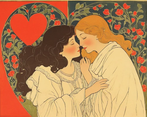 kate greenaway,mucha,alfons mucha,saint valentine's day,vintage illustration,art nouveau,girl kiss,kissing,art nouveau design,amorous,mother kiss,french valentine,first kiss,valentine,candlemas,vintage art,lovers,heart icon,vintage print,mistletoe,Illustration,Retro,Retro 07