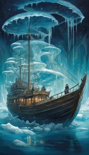 ice planet,ice boat,maelstrom,ice floe,viking ship,icebergs,polar aurora,aurora polar,ice castle,fantasy picture,sea fantasy,poseidon,ghost ship,galleon ship,waterglobe,ice cave,adrift,caravel,shipwreck,iceberg,Illustration,Abstract Fantasy,Abstract Fantasy 11