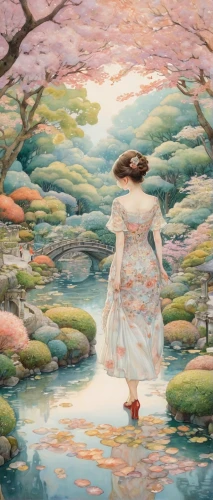 girl in flowers,japanese sakura background,secret garden of venus,girl on the river,amano,woman walking,girl in a long dress,the cherry blossoms,girl with tree,girl in the garden,lilly pond,way of the roses,芦ﾉ湖,japanese art,oil painting on canvas,meadow in pastel,garden of eden,lily pond,wonderland,takato cherry blossoms,Illustration,Abstract Fantasy,Abstract Fantasy 11