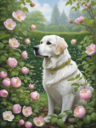 canine rose,dog roses,dog-roses,labrador,labrador retriever,pet portrait,flowering dogwood,dog illustration,retriever,scent hound,flower background,dogwood,springtime background,flower animal,dog rose,kuvasz,great pyrenees,anatolian shepherd dog,white dog,dog-rose,Illustration,Abstract Fantasy,Abstract Fantasy 03